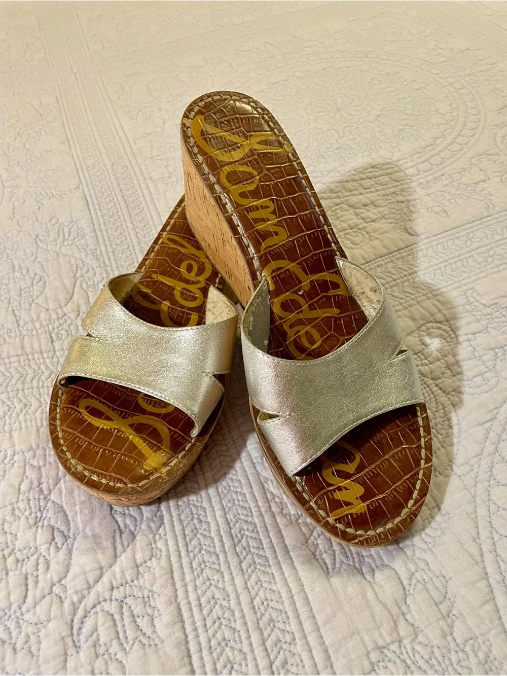 Sam Edelman Metallic Silver Cork Wedge Slide Sandals